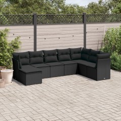 8 pcs conjunto sofás de jardim com almofadões vime PE preto