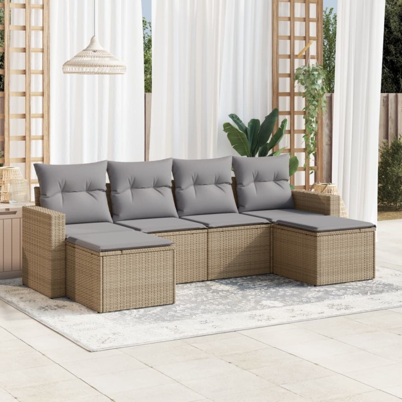 6 pcs conjunto de sofás p/ jardim com almofadões vime PE bege-Unidades de sofá com módulos externos-Home Retail