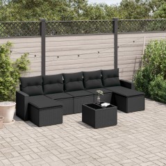 8 pcs conjunto sofás de jardim com almofadões vime PE preto