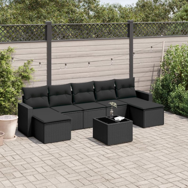 8 pcs conjunto sofás de jardim com almofadões vime PE preto-Unidades de sofá com módulos externos-Home Retail