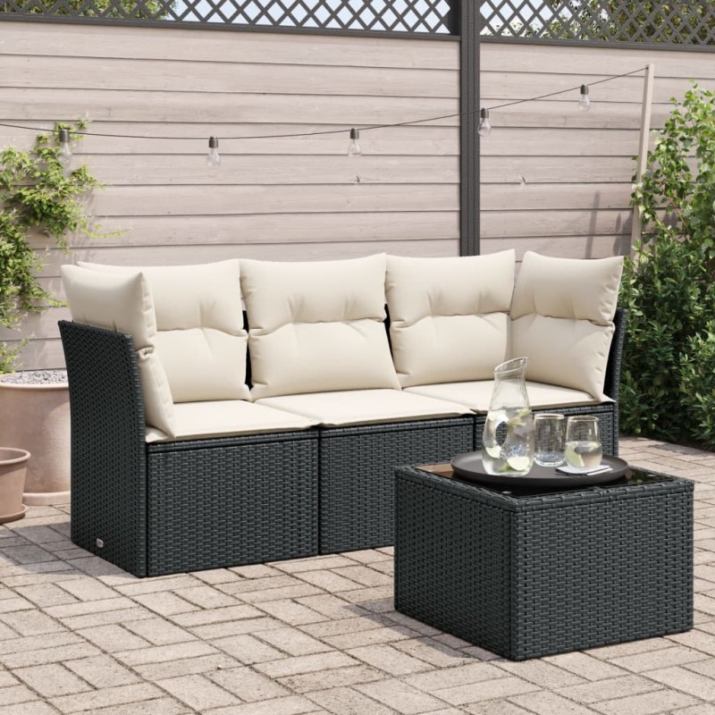 4 pcs conjunto de sofás para jardim c/ almofadões vime PE preto-Conjuntos de jardim-Home Retail