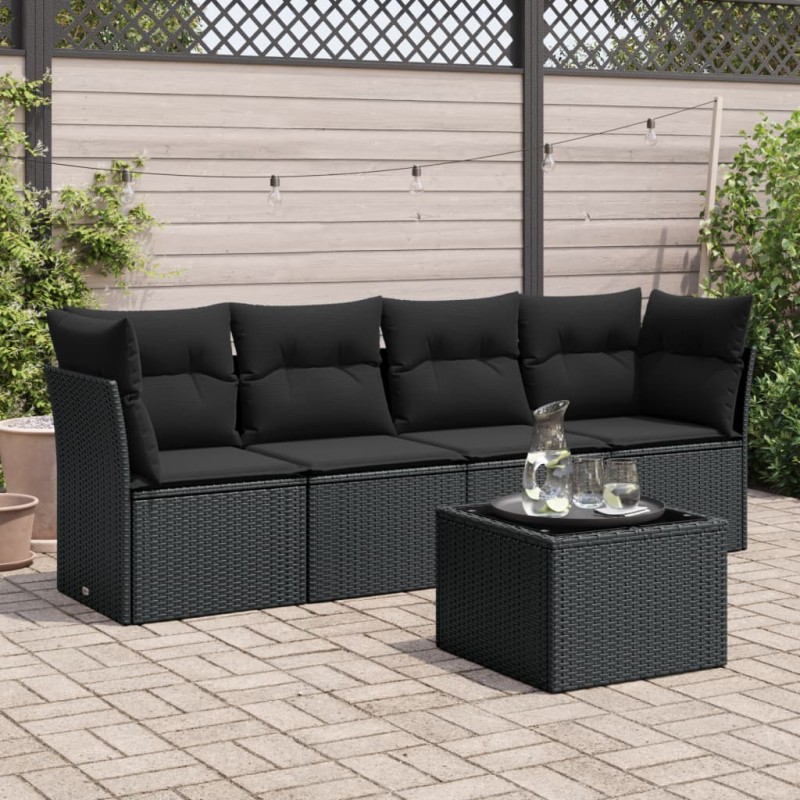 5 pcs conjunto sofás de jardim com almofadões vime PE preto-Conjuntos de jardim-Home Retail