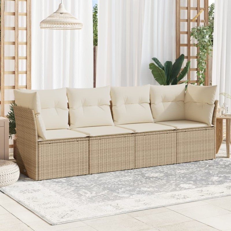 4 pcs conjunto de sofás para jardim c/ almofadões vime PE bege-Conjuntos de jardim-Home Retail