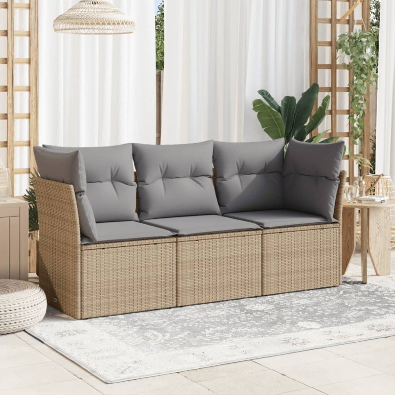 3 pcs conjunto de sofás p/ jardim com almofadões vime PE bege-Conjuntos de jardim-Home Retail