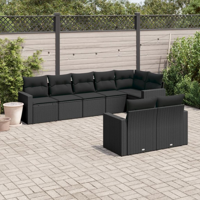 8 pcs conjunto sofás de jardim com almofadões vime PE preto-Conjuntos de jardim-Home Retail