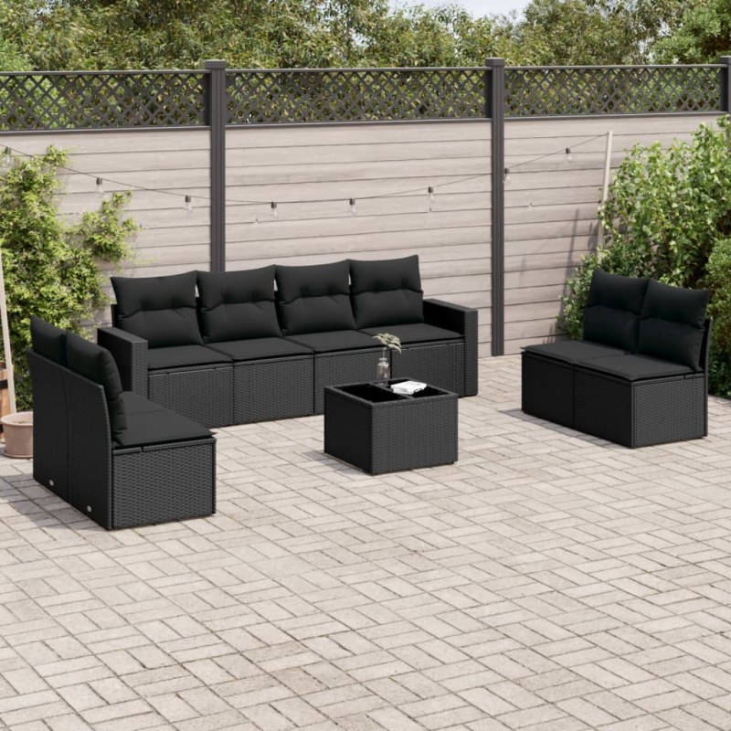 9 pcs conjunto de sofás p/ jardim c/ almofadões vime PE preto-Unidades de sofá com módulos externos-Home Retail