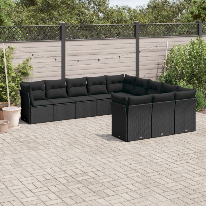 11 pcs conjunto sofás de jardim c/ almofadões vime PE preto-Conjuntos de jardim-Home Retail