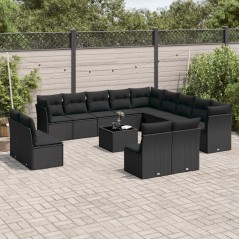 14 pcs conjunto de sofás p/ jardim c/ almofadões vime PE preto