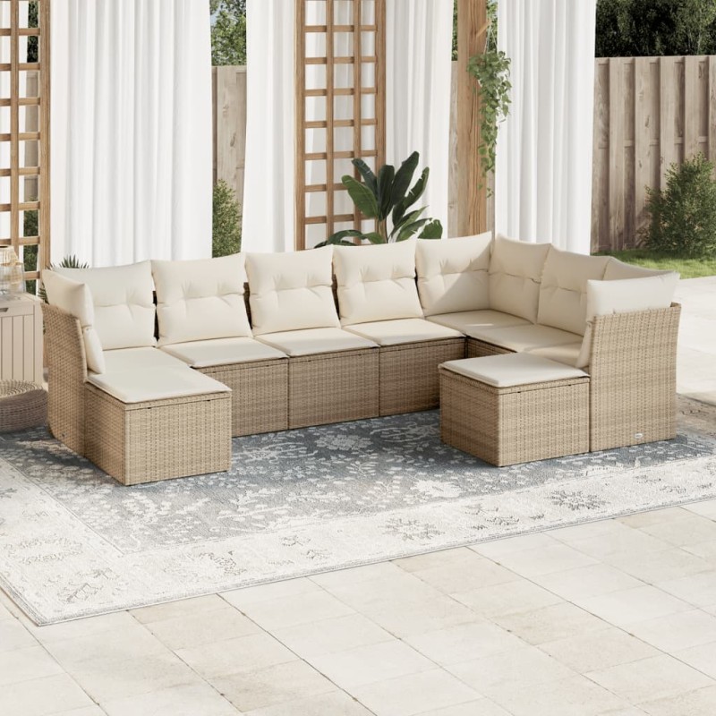 9 pcs conjunto de sofás p/ jardim com almofadões vime PE bege-Conjuntos de jardim-Home Retail