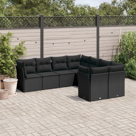 8 pcs conjunto sofás de jardim com almofadões vime PE preto