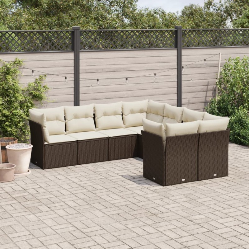 8 pcs conjunto sofás de jardim c/ almofadões vime PE castanho-Conjuntos de jardim-Home Retail