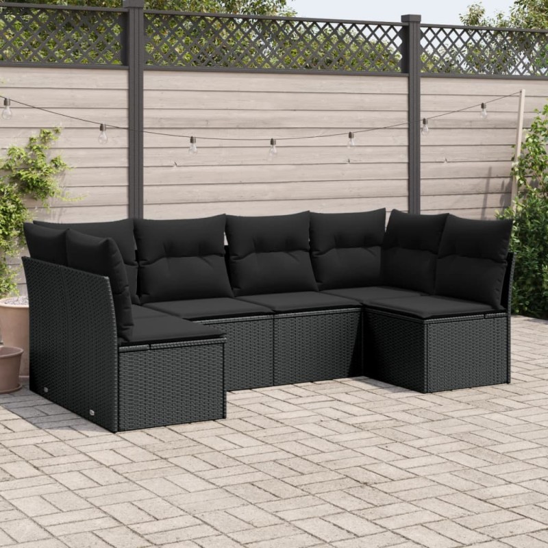 6 pcs conjunto sofás de jardim c/ almofadões vime PE preto-Conjuntos de jardim-Home Retail