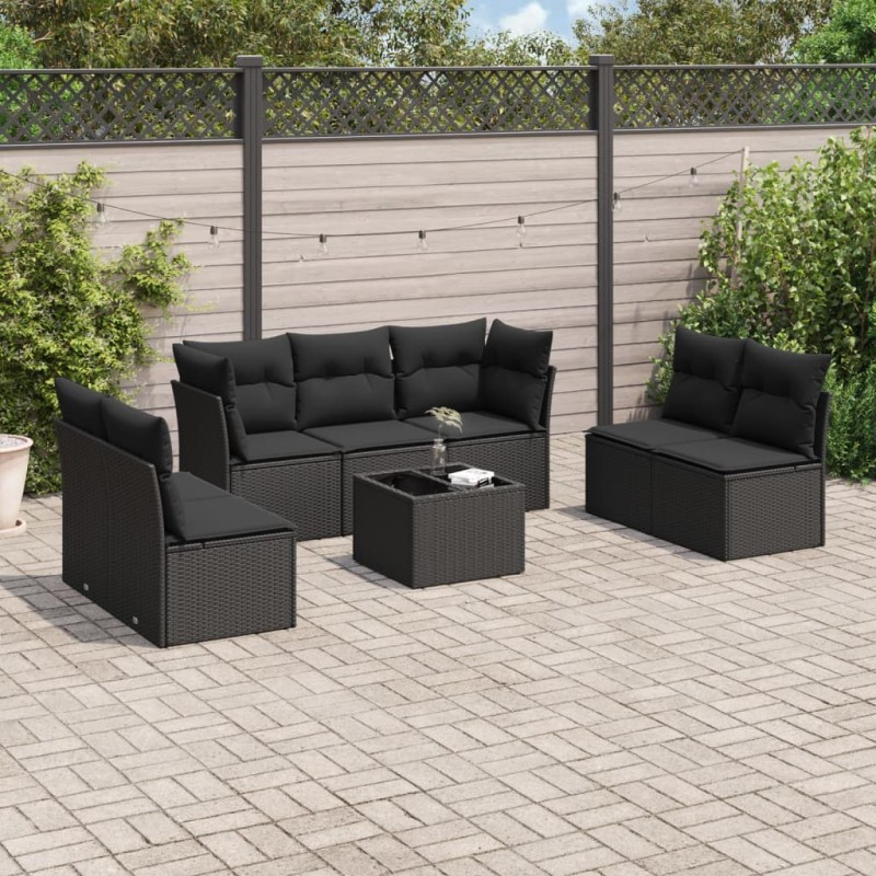 8 pcs conjunto sofás de jardim com almofadões vime PE preto-Conjuntos de jardim-Home Retail