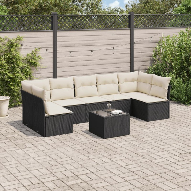 8 pcs conjunto sofás de jardim com almofadões vime PE preto-Conjuntos de jardim-Home Retail