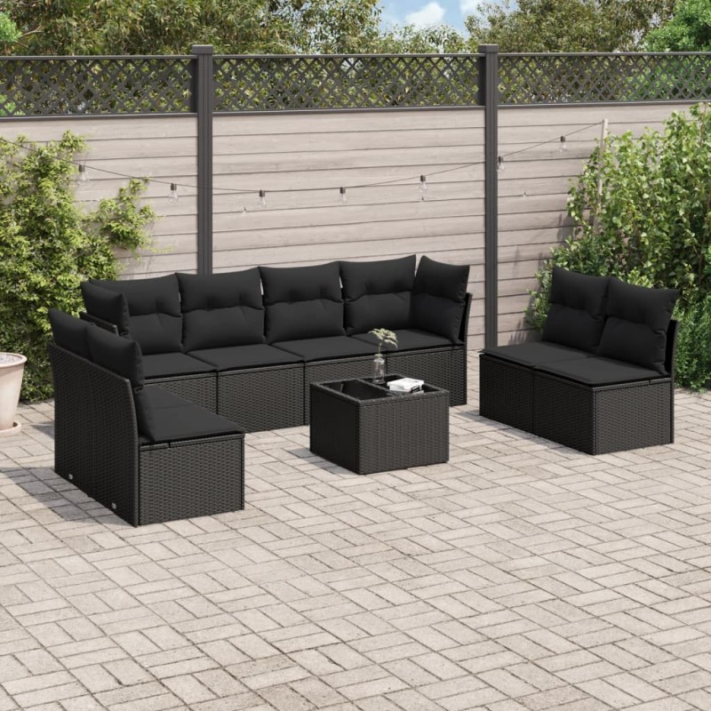 9 pcs conjunto de sofás p/ jardim c/ almofadões vime PE preto-Conjuntos de jardim-Home Retail