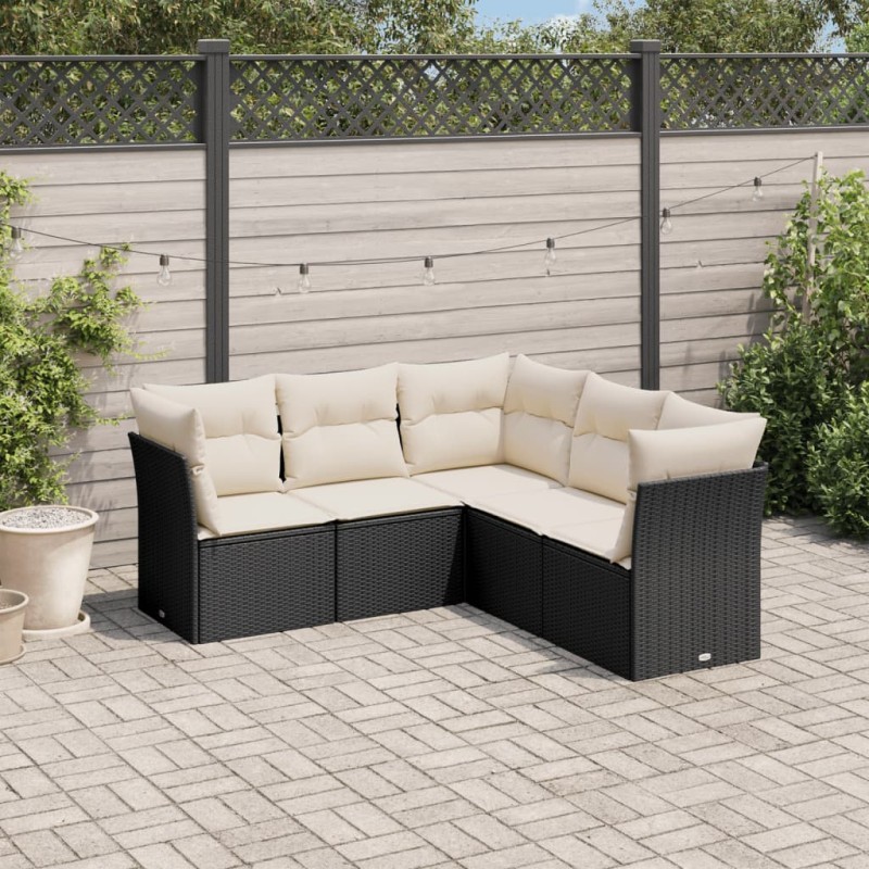 5 pcs conjunto sofás de jardim com almofadões vime PE preto-Conjuntos de jardim-Home Retail