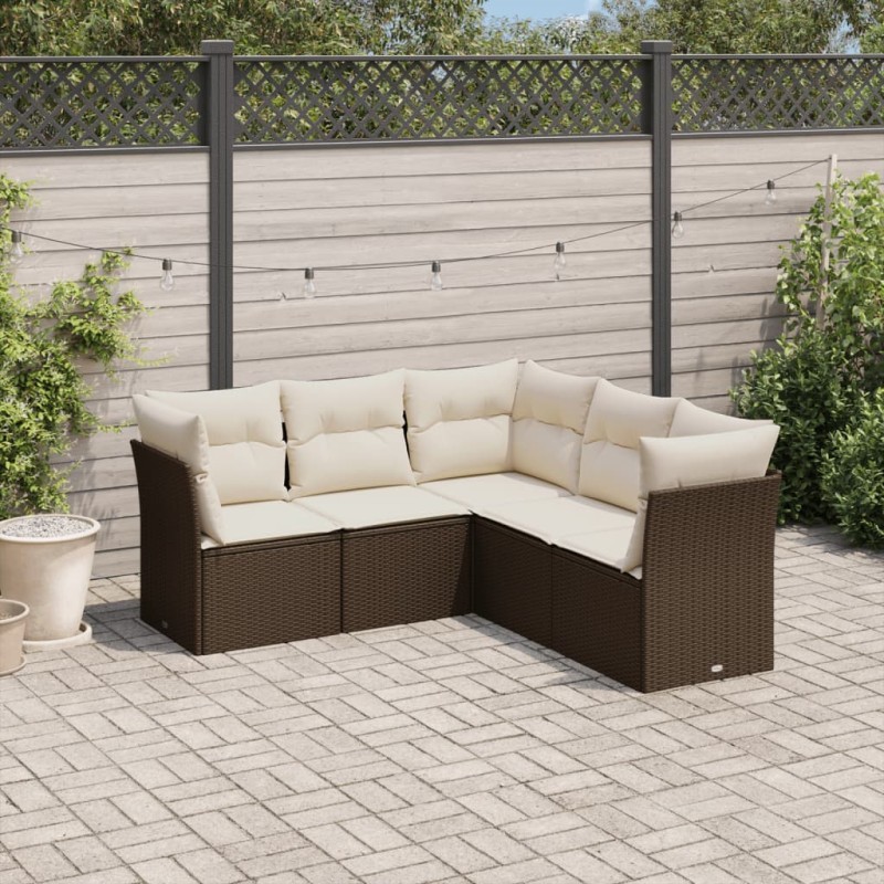 5 pcs conjunto sofás p/ jardim c/ almofadões vime PE castanho-Conjuntos de jardim-Home Retail