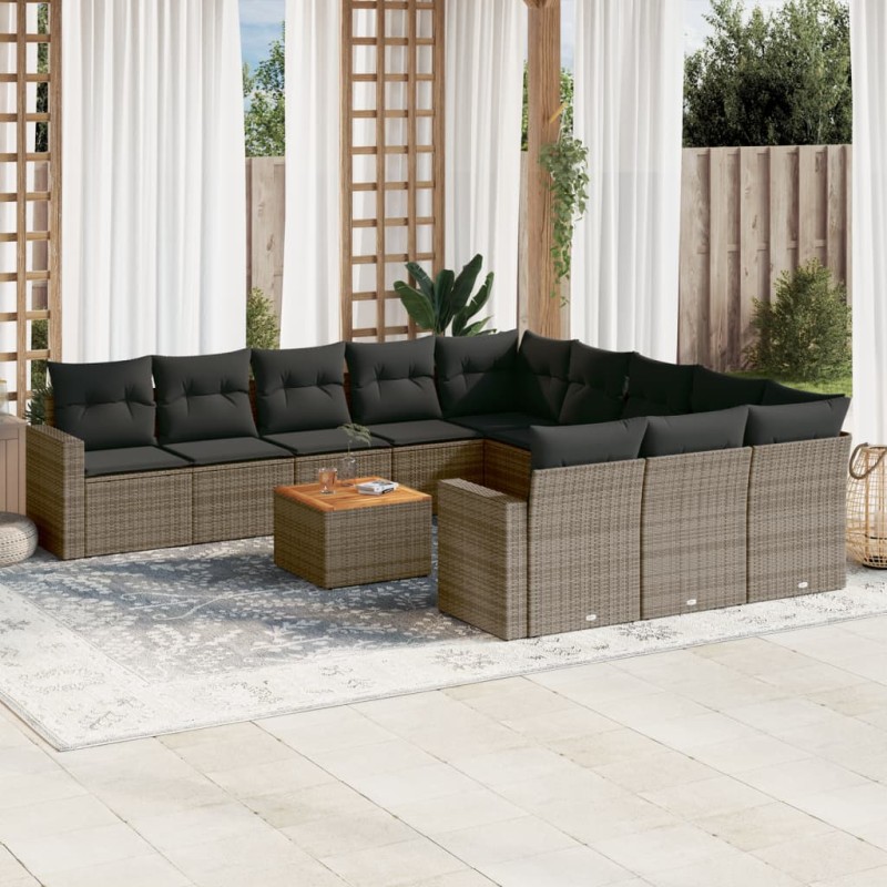 12 pcs conjunto de sofás jardim c/ almofadões vime PE cinzento-Unidades de sofá com módulos externos-Home Retail