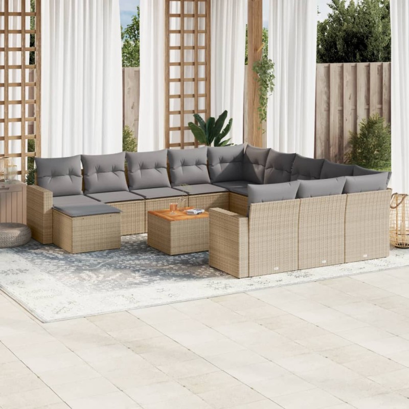 13 pcs conjunto de sofás p/ jardim com almofadões vime PE bege-Unidades de sofá com módulos externos-Home Retail