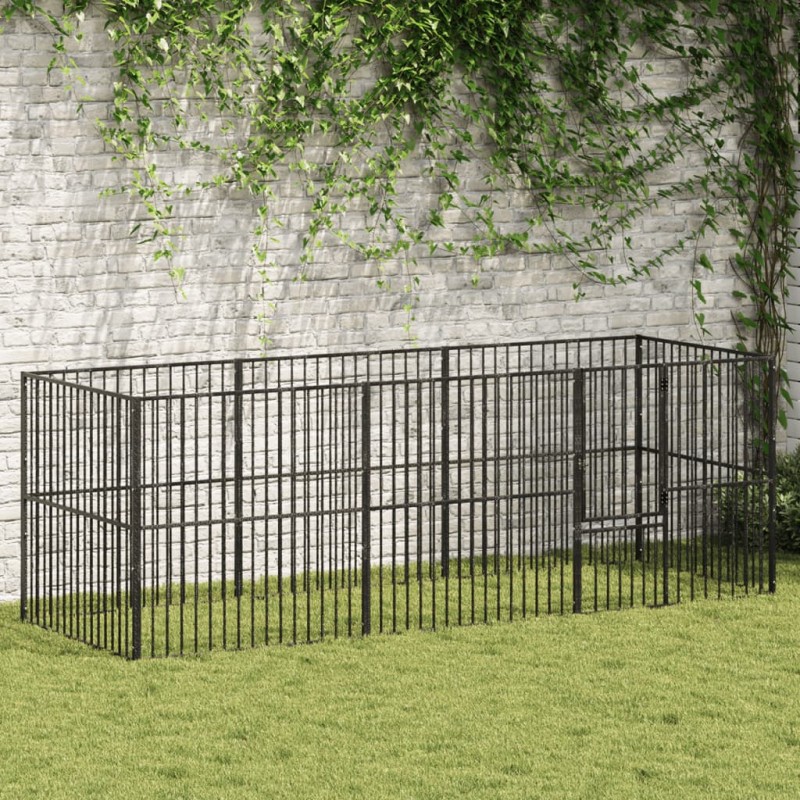 Parque para cães com 8 painéis aço galvanizado preto-Casotas para cães-Home Retail