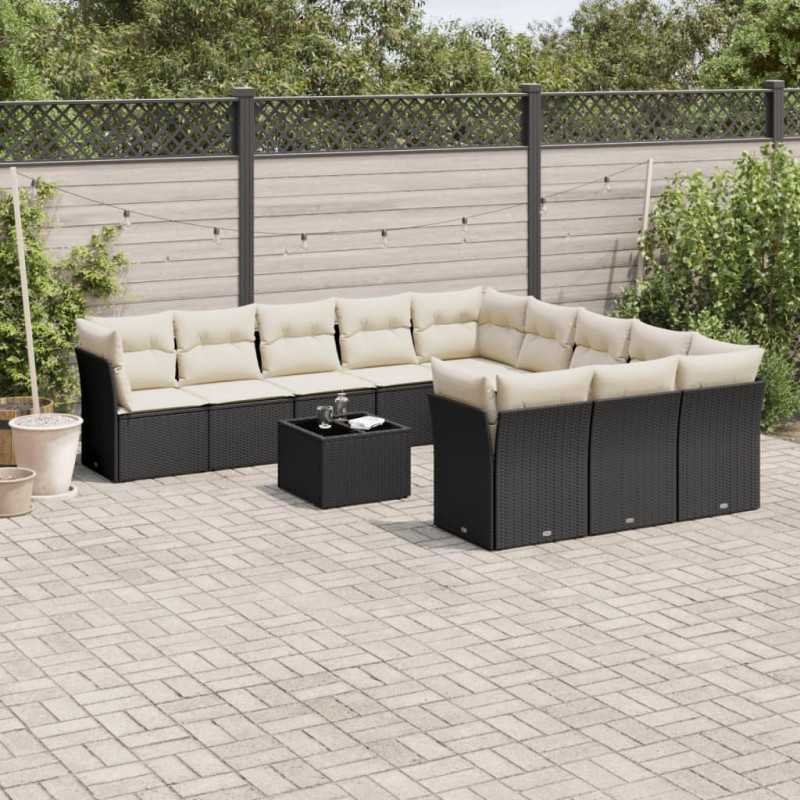 12 pcs conjunto de sofás de jardim c/ almofadões vime PE preto-Conjuntos de jardim-Home Retail