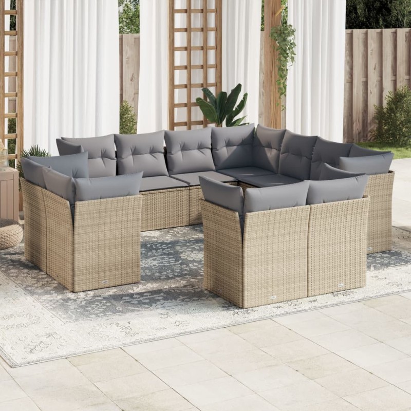 11 pcs conjunto sofás de jardim c/ almofadões vime PE bege-Conjuntos de jardim-Home Retail