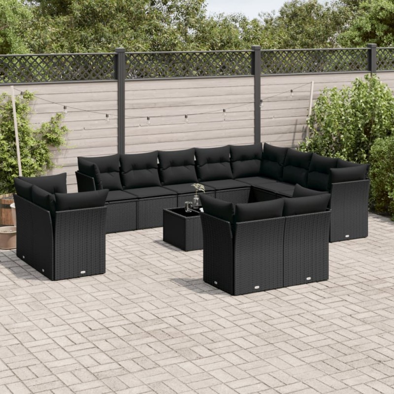 13 pcs conjunto de sofás de jardim com almofadões vime PE preto-Conjuntos de jardim-Home Retail