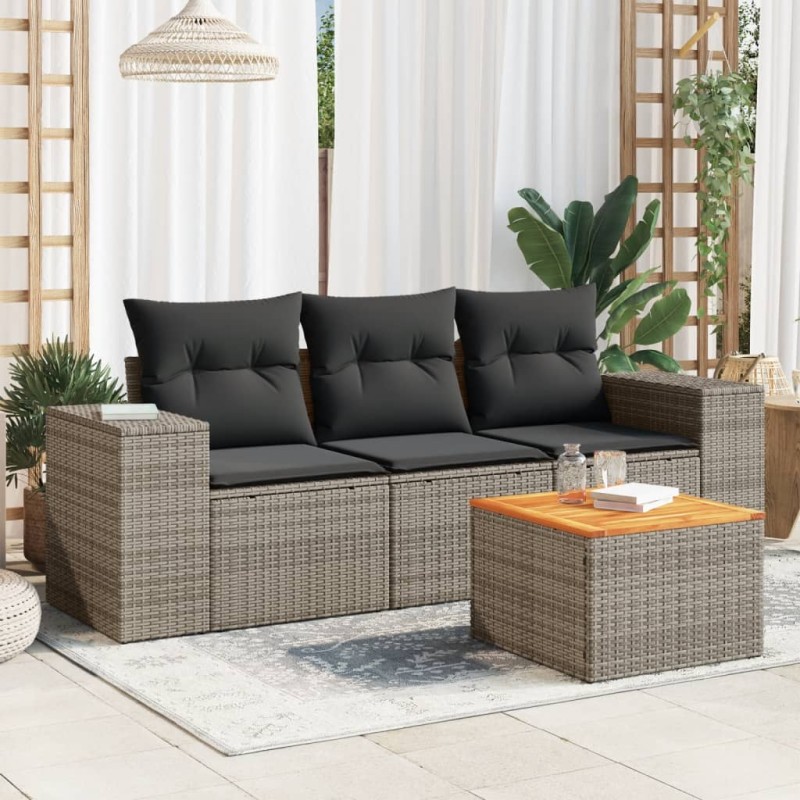 4 pcs conjunto sofás de jardim c/ almofadões vime PE cinzento-Conjuntos de jardim-Home Retail