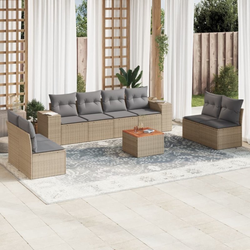 9 pcs conjunto de sofás p/ jardim com almofadões vime PE bege-Conjuntos de jardim-Home Retail