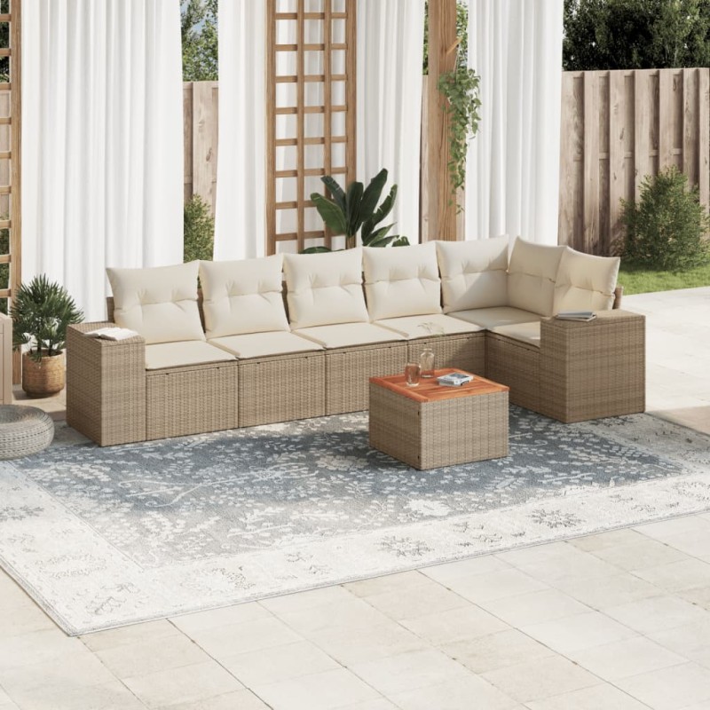 7 pcs conjunto de sofás p/ jardim com almofadões vime PE bege-Conjuntos de jardim-Home Retail