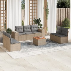 8 pcs conjunto de sofás p/ jardim com almofadões vime PE bege