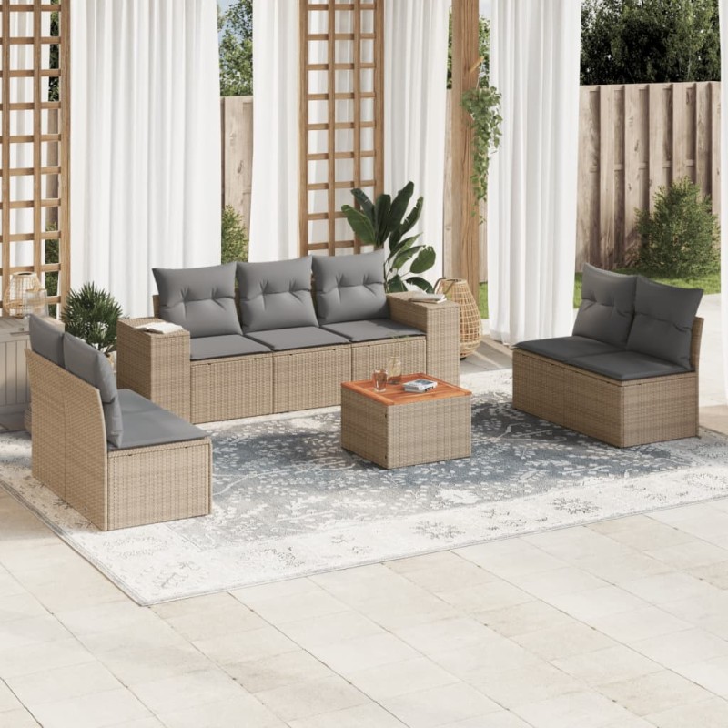 8 pcs conjunto de sofás p/ jardim com almofadões vime PE bege-Conjuntos de jardim-Home Retail