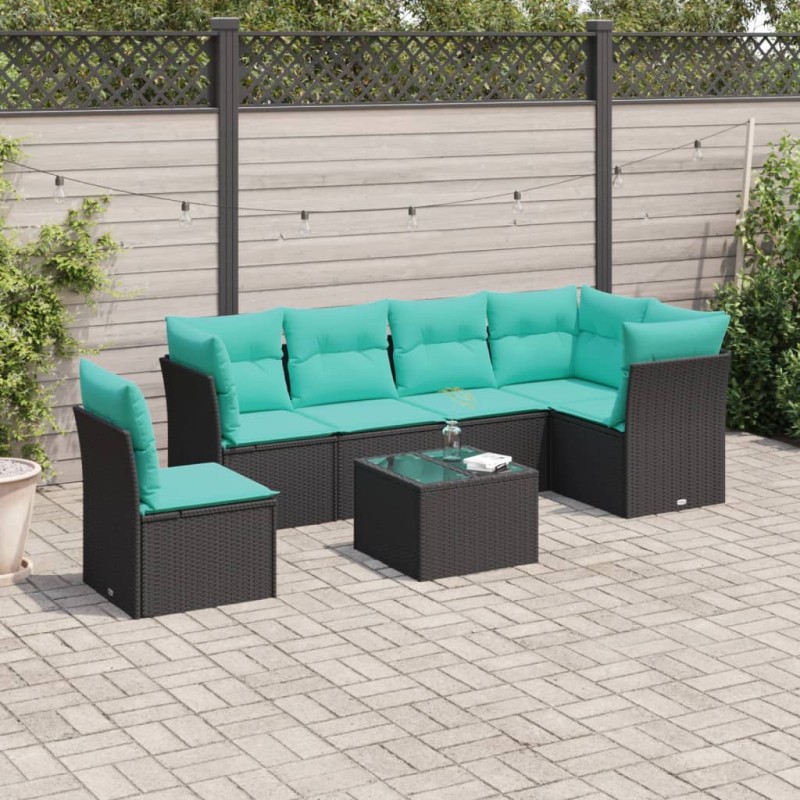 7 pcs conjunto de sofás p/ jardim c/ almofadões vime PE preto-Conjuntos de jardim-Home Retail