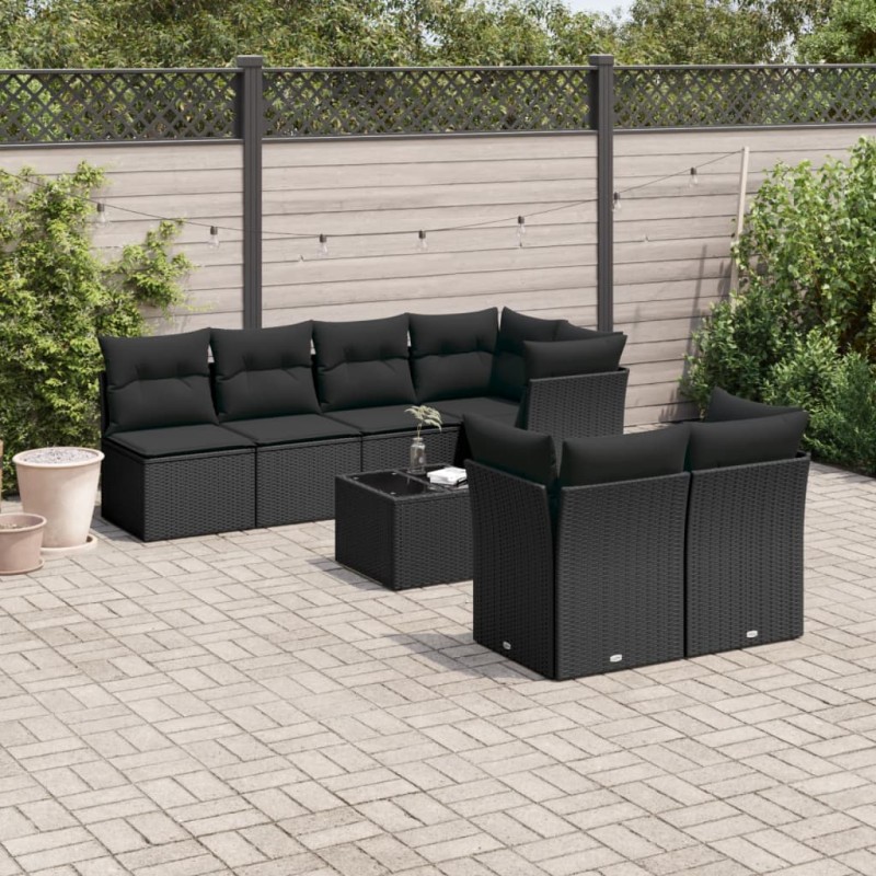 8 pcs conjunto sofás de jardim com almofadões vime PE preto-Conjuntos de jardim-Home Retail