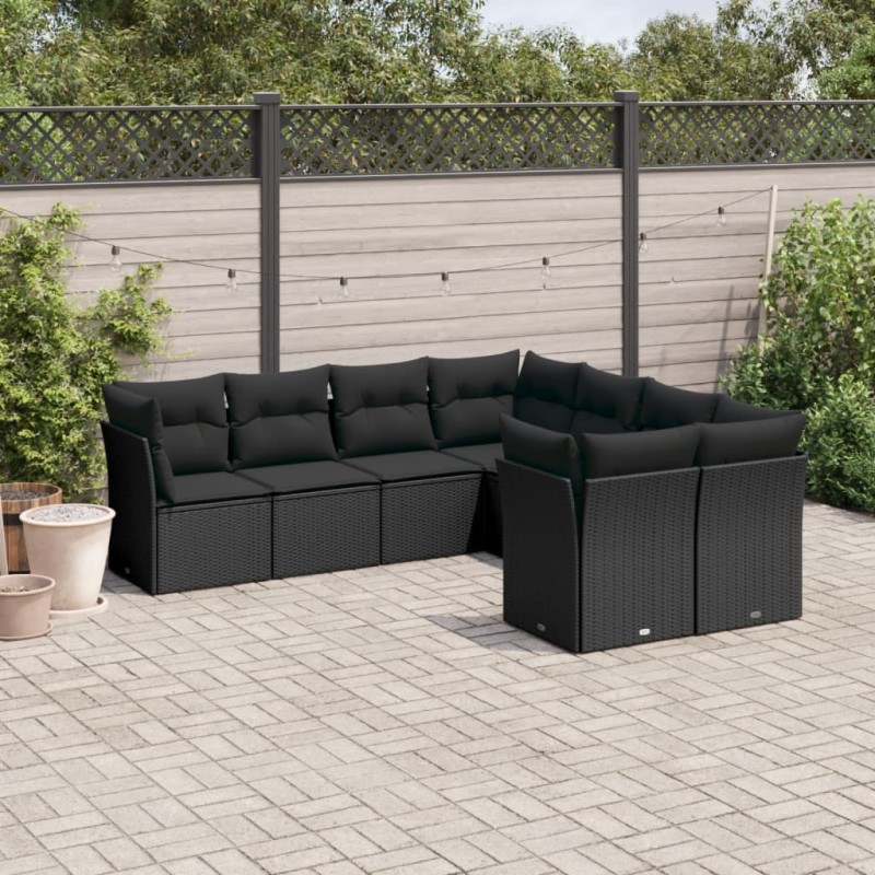 8 pcs conjunto sofás de jardim com almofadões vime PE preto-Conjuntos de jardim-Home Retail