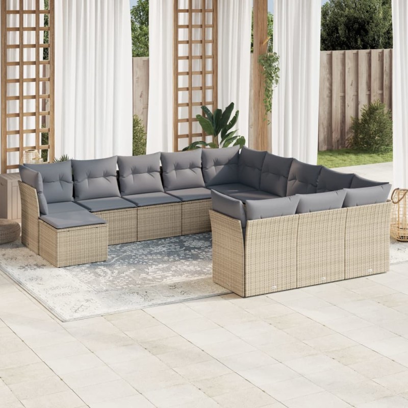 12 pcs conjunto de sofás p/ jardim com almofadões vime PE bege-Conjuntos de jardim-Home Retail