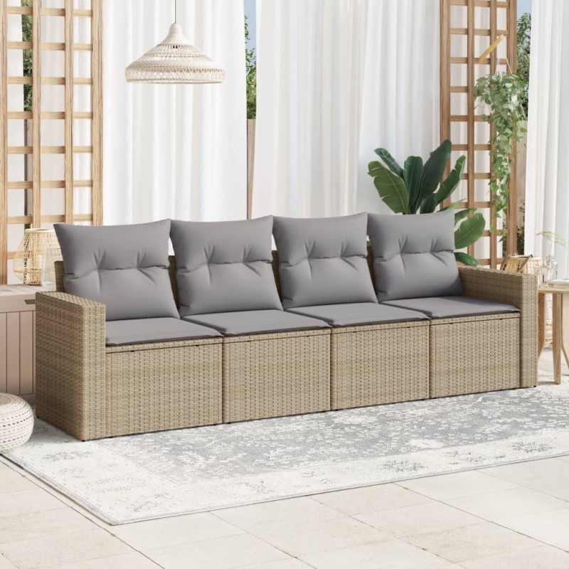 4 pcs conjunto de sofás para jardim c/ almofadões vime PE bege-Conjuntos de jardim-Home Retail