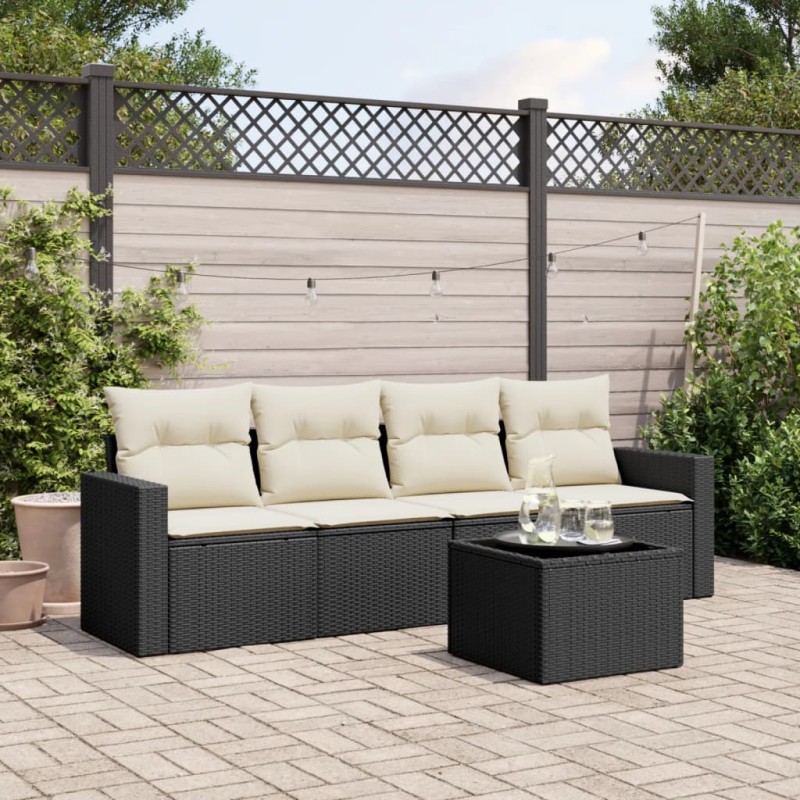 5 pcs conjunto sofás de jardim com almofadões vime PE preto-Conjuntos de jardim-Home Retail