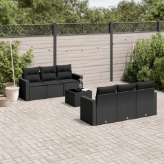 7 pcs conjunto de sofás p/ jardim c/ almofadões vime PE preto