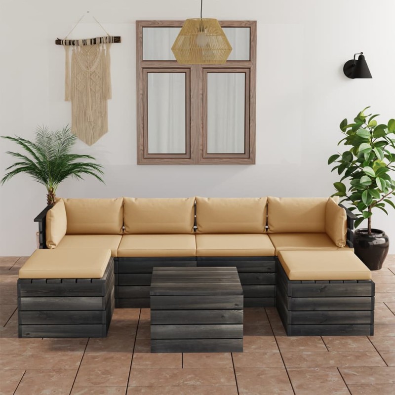 7 pcs conjunto lounge de paletes com almofadões pinho maciço-Conjuntos de jardim-Home Retail