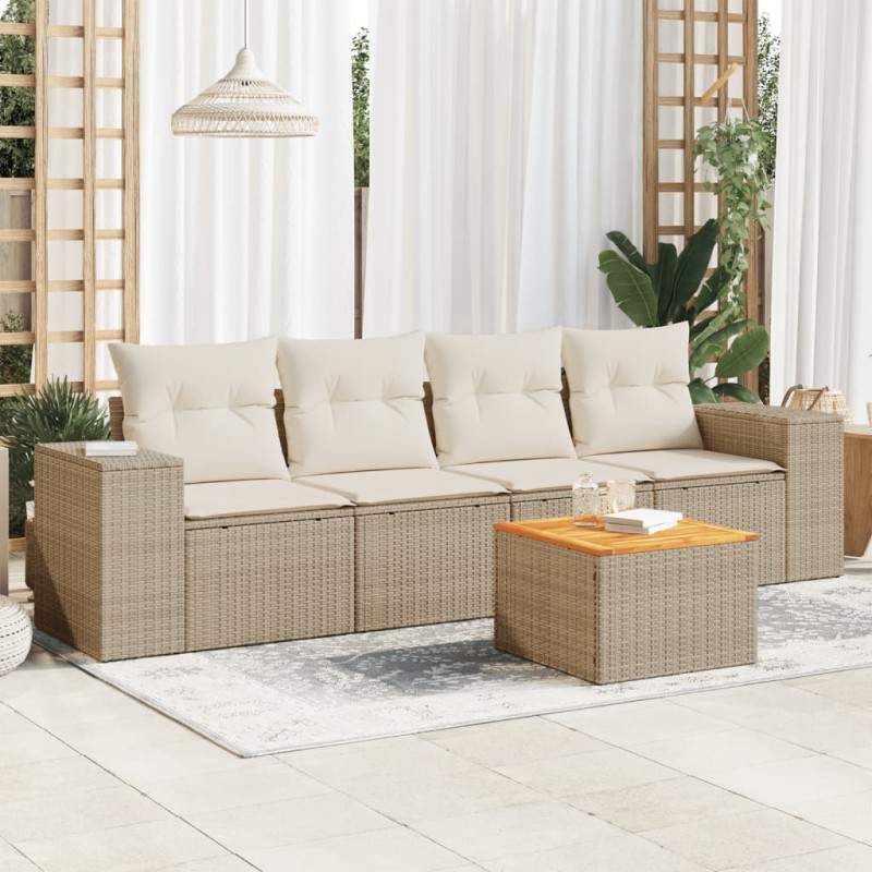 5 pcs conjunto de sofás p/ jardim com almofadões vime PE bege-Conjuntos de jardim-Home Retail