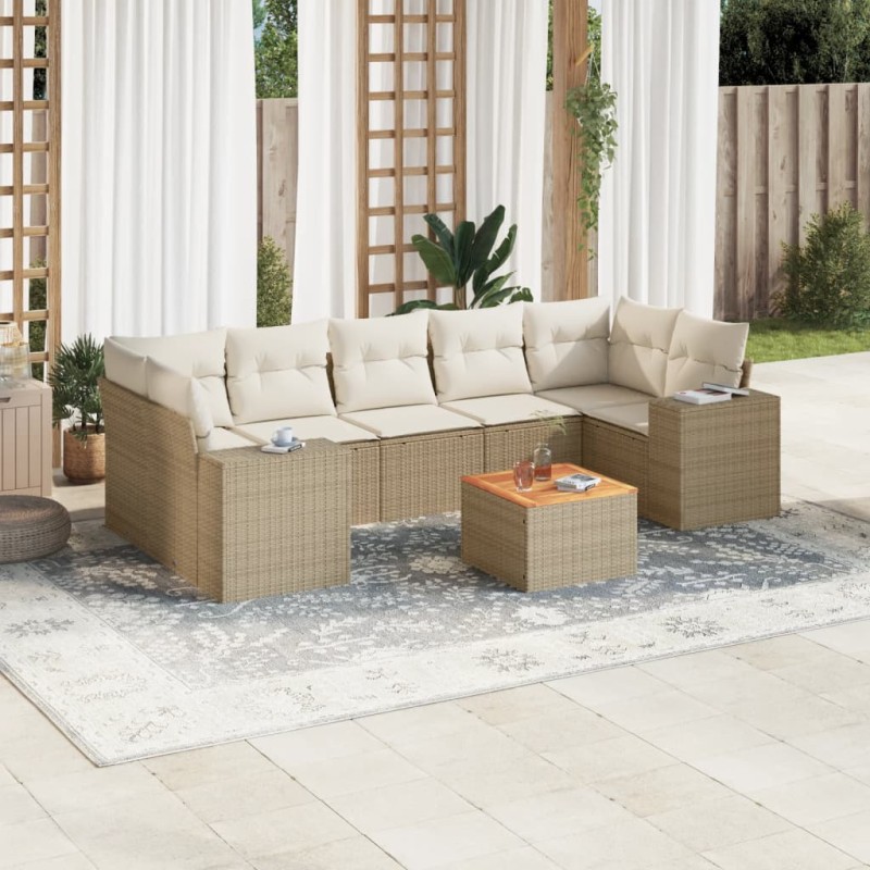 8 pcs conjunto de sofás p/ jardim com almofadões vime PE bege-Conjuntos de jardim-Home Retail