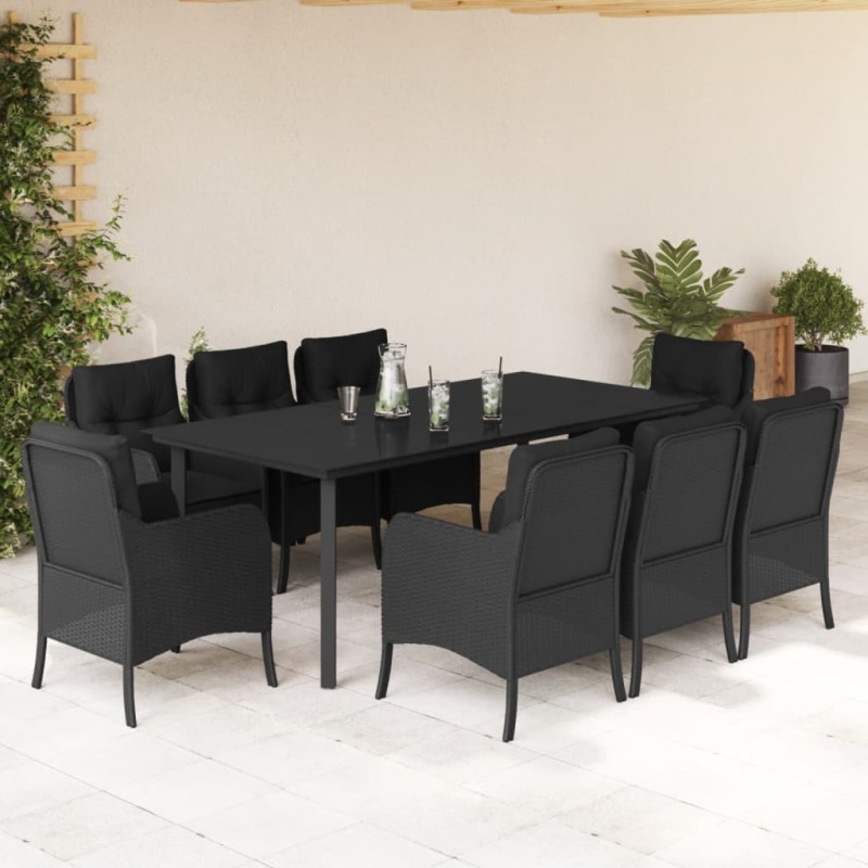 9 pcs conjunto de jantar p/ jardim c/ almofadões vime PE preto-Conjuntos de jardim-Home Retail