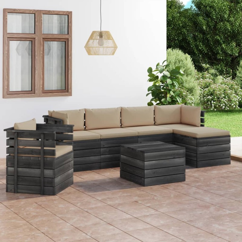 7 pcs conjunto lounge de paletes com almofadões pinho maciço-Conjuntos de jardim-Home Retail