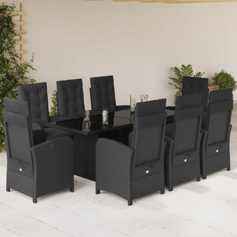 9 pcs conjunto de jantar p/ jardim c/ almofadões vime PE preto-Conjuntos de jardim-Home Retail