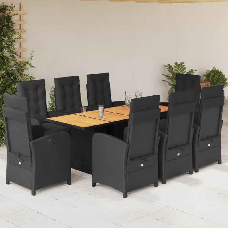 9 pcs conjunto de jantar p/ jardim c/ almofadões vime PE preto-Conjuntos de jardim-Home Retail