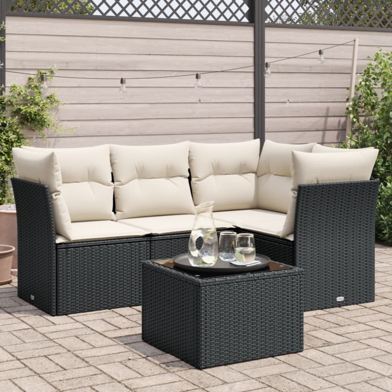 5 pcs conjunto sofás de jardim com almofadões vime PE preto-Conjuntos de jardim-Home Retail