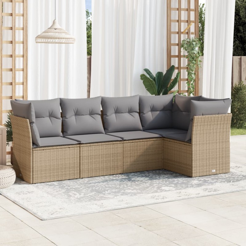 5 pcs conjunto de sofás p/ jardim com almofadões vime PE bege-Conjuntos de jardim-Home Retail