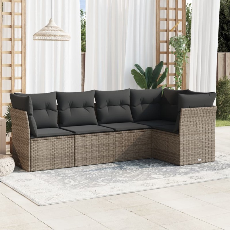 5 pcs conjunto sofás de jardim c/ almofadões vime PE cinzento-Conjuntos de jardim-Home Retail