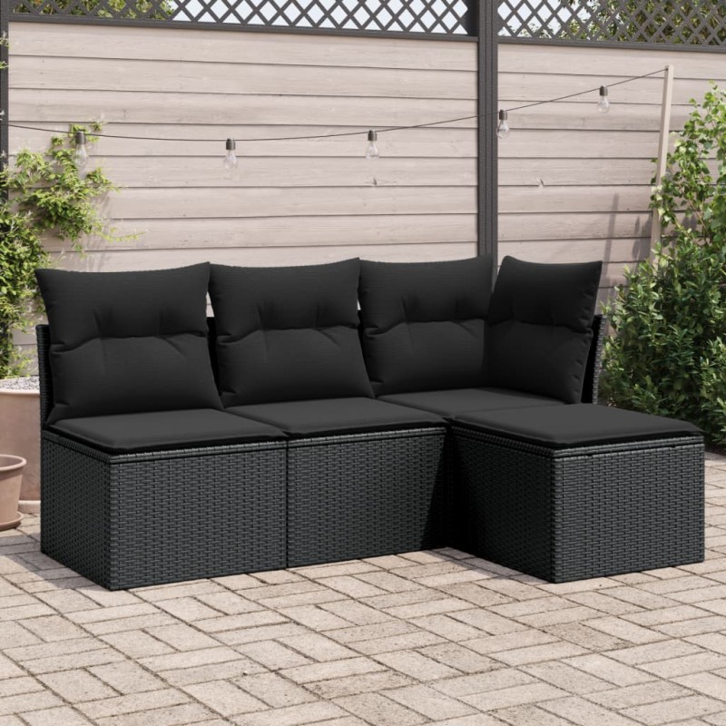 4 pcs conjunto de sofás para jardim c/ almofadões vime PE preto-Conjuntos de jardim-Home Retail